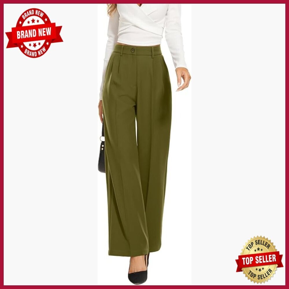 High Waisted Wide Leg Trousers, Elastic Back, Work Casual Pants